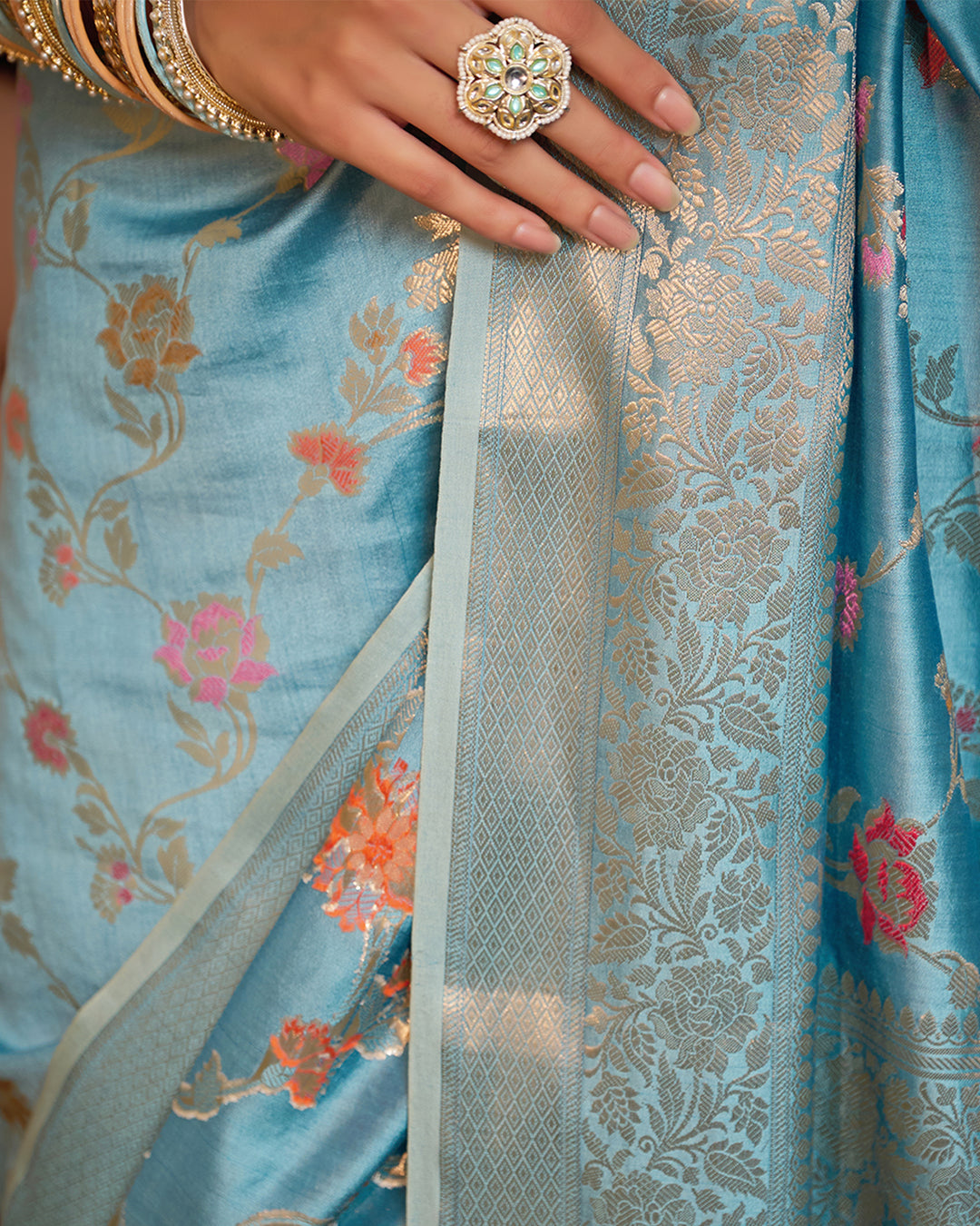 Turquoise Blue Pure Banarasi Saree with Meenakari Bloom Weaves