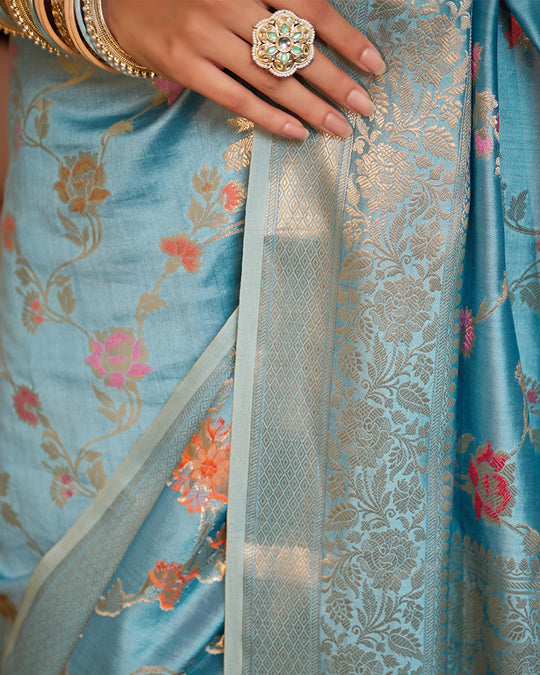Turquoise Blue Pure Banarasi Saree with Meenakari Bloom Weaves