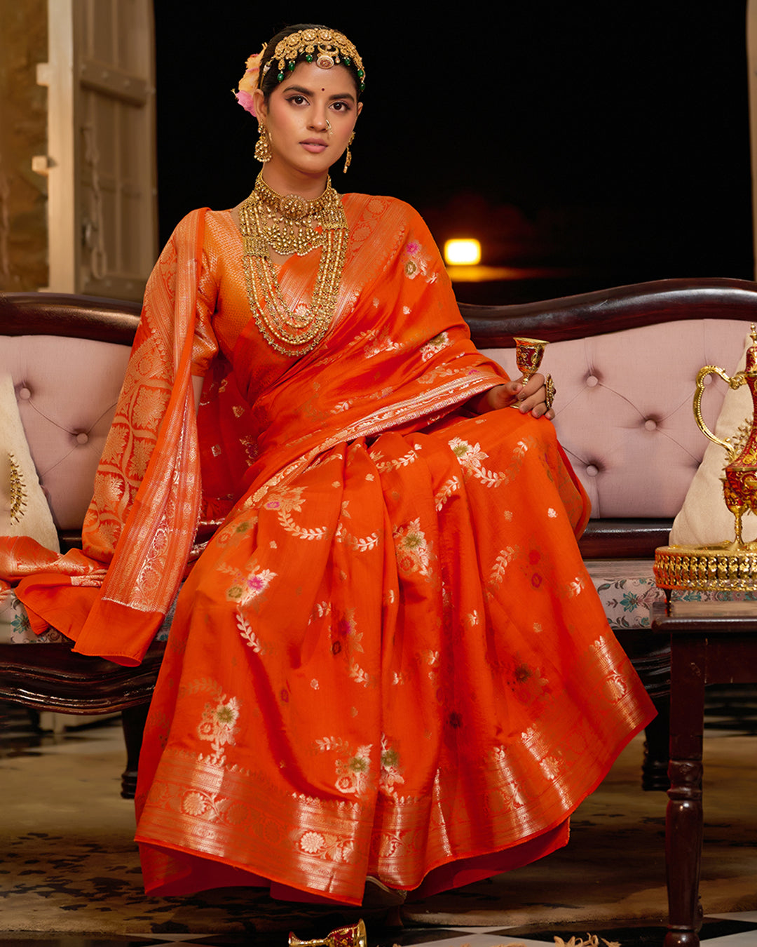 Orange Pure Banarasi Saree With Floral Meenakari Jaal