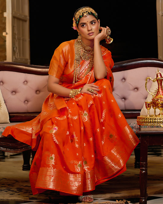 Orange Pure Banarasi Saree With Floral Meenakari Jaal