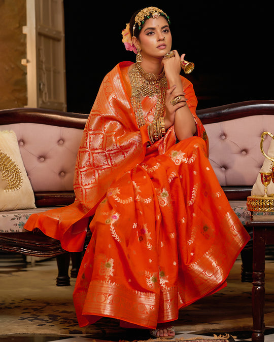 Orange Pure Banarasi Saree With Floral Meenakari Jaal