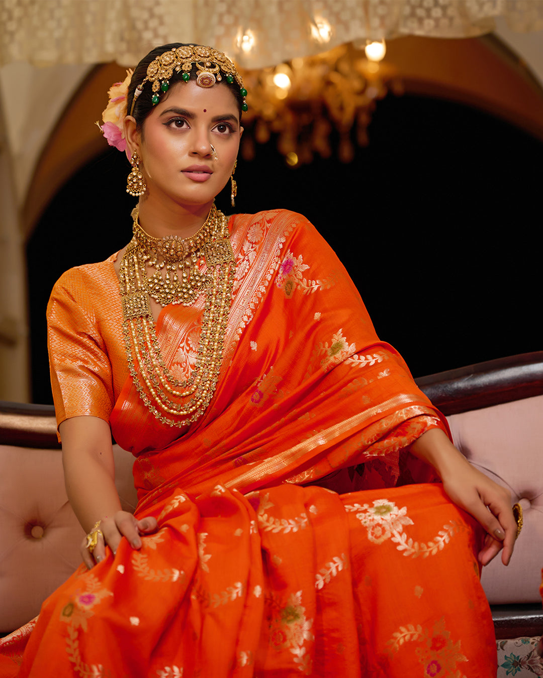 Orange Pure Banarasi Saree With Floral Meenakari Jaal