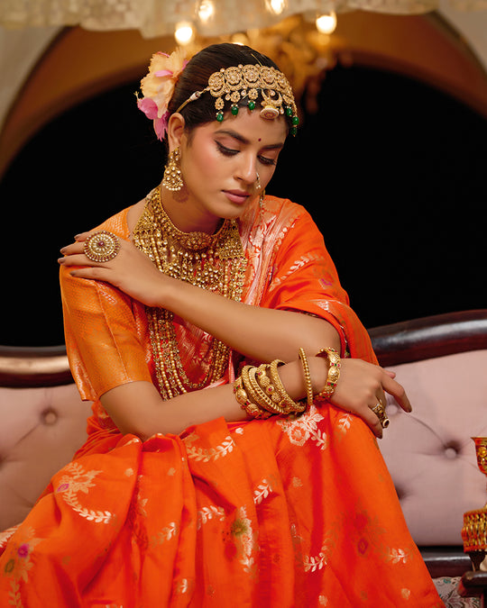 Orange Pure Banarasi Saree With Floral Meenakari Jaal