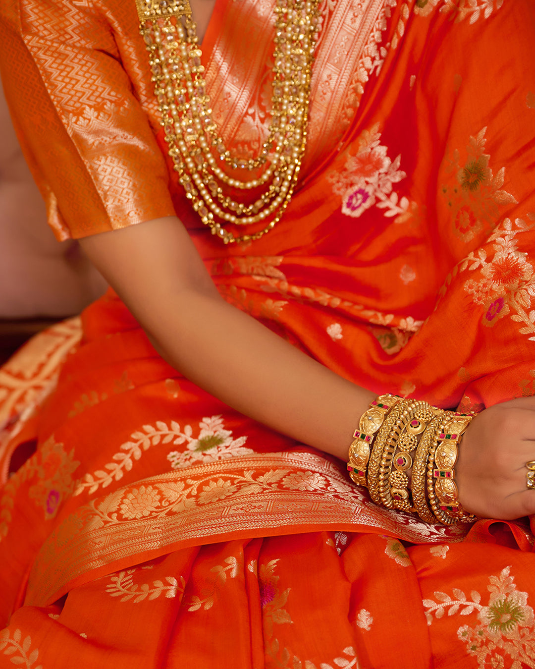 Orange Pure Banarasi Saree With Floral Meenakari Jaal