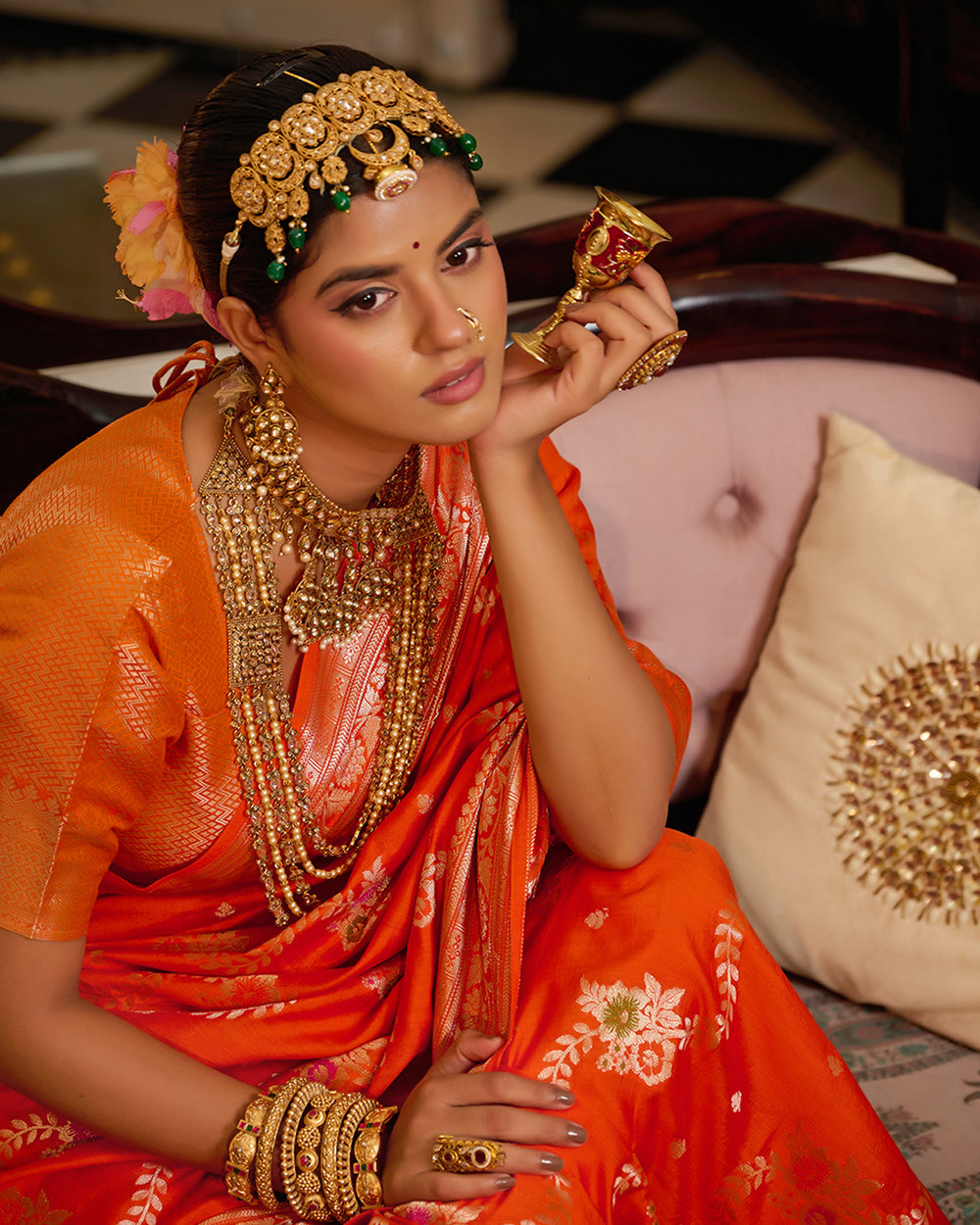Orange Pure Banarasi Saree With Floral Meenakari Jaal