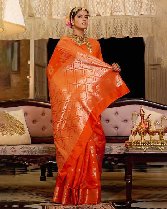 Orange Pure Banarasi Saree With Floral Meenakari Jaal