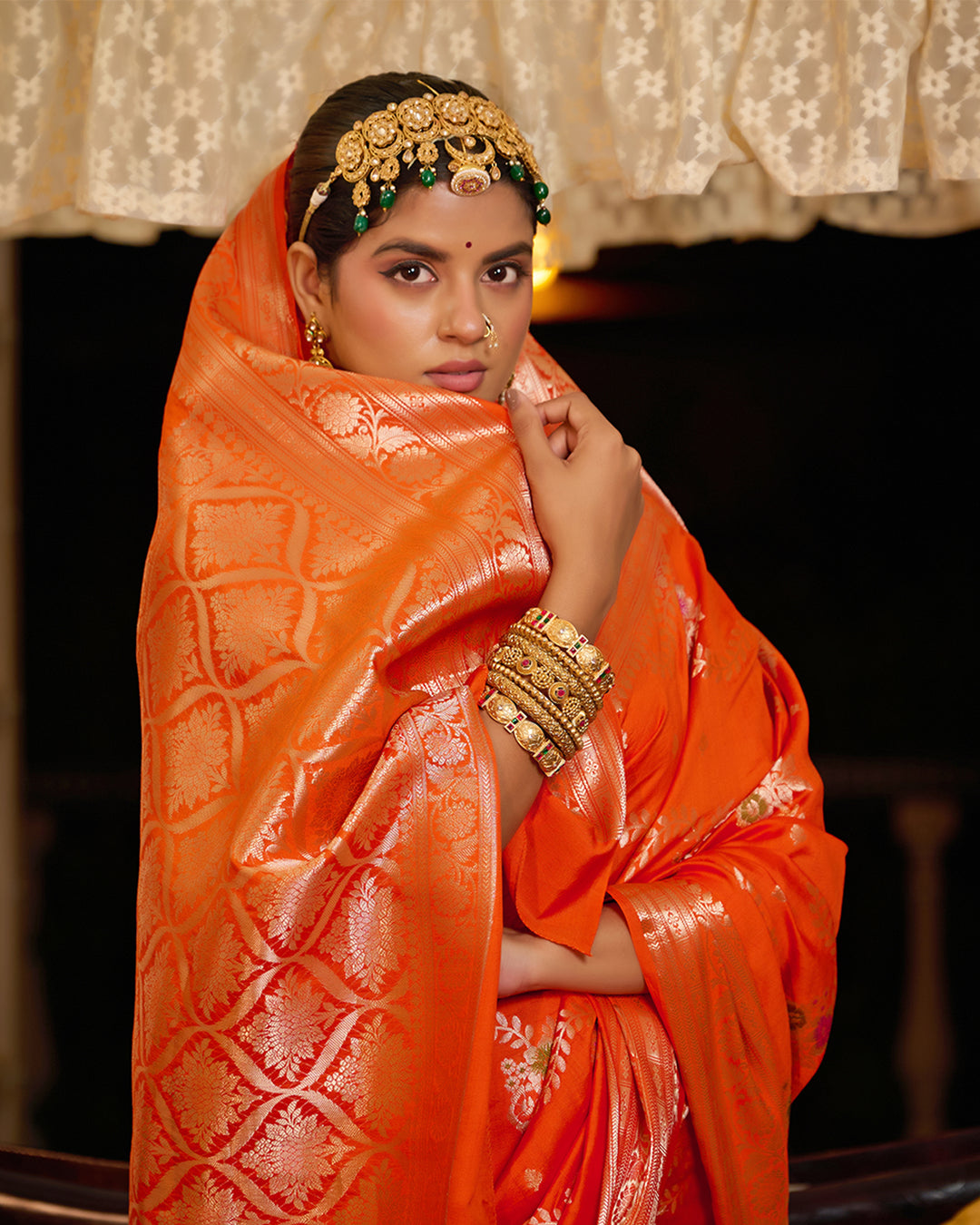 Orange Pure Banarasi Saree With Floral Meenakari Jaal