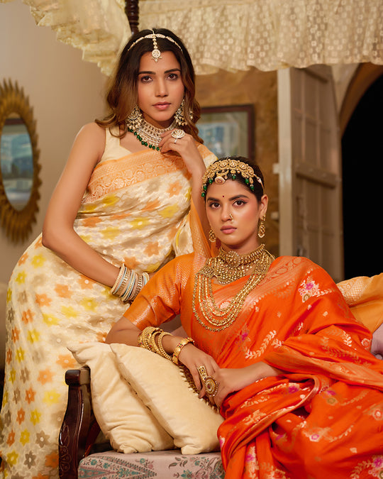 Orange Pure Banarasi Saree With Floral Meenakari Jaal