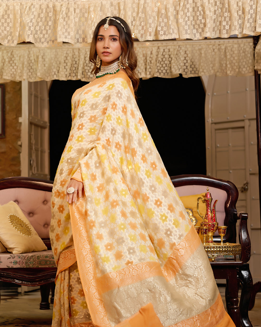 Ivory Pure Pure Khaddi Georgette Saree with Traditional Floral Brocade