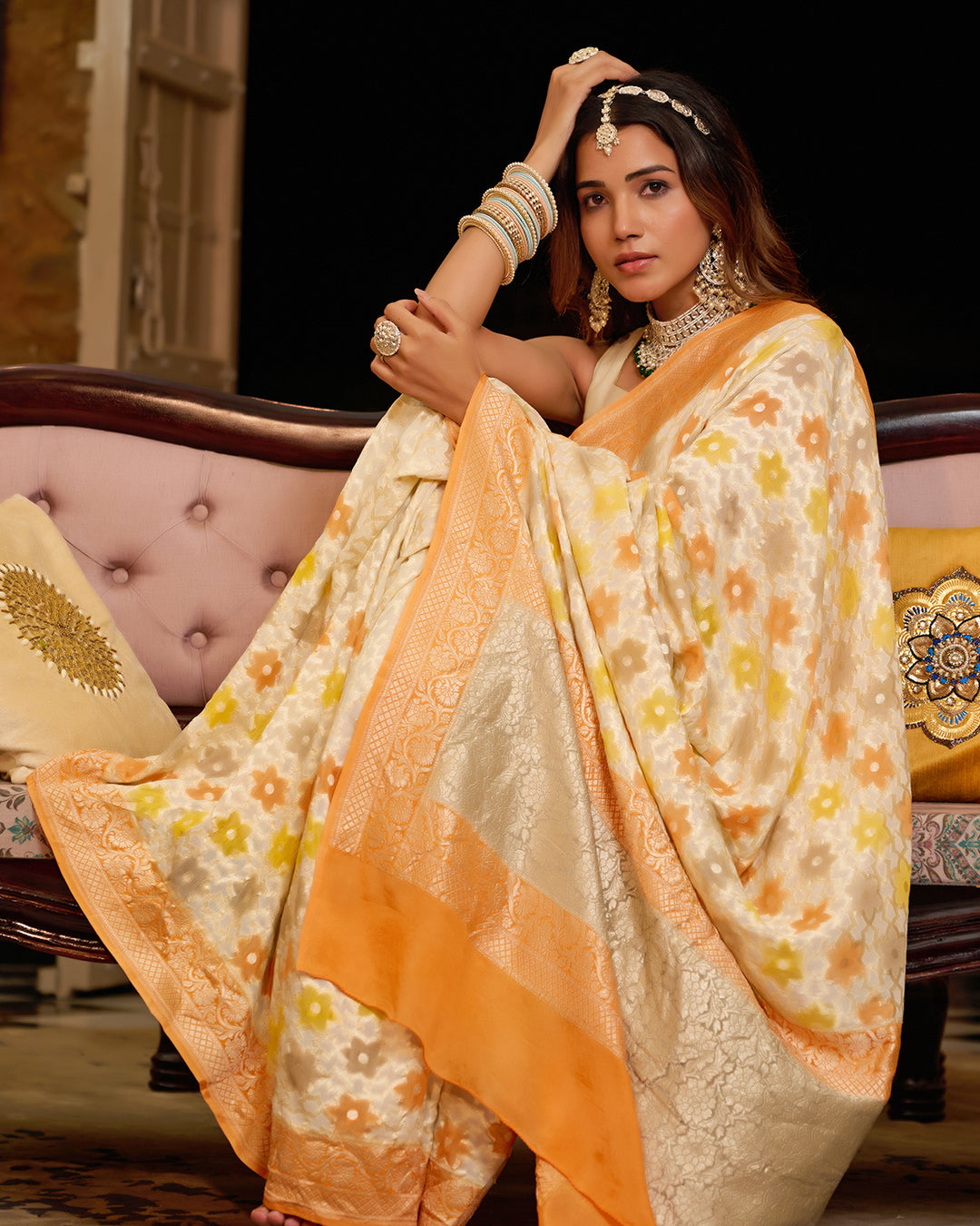 Ivory Pure Pure Khaddi Georgette Saree with Traditional Floral Brocade