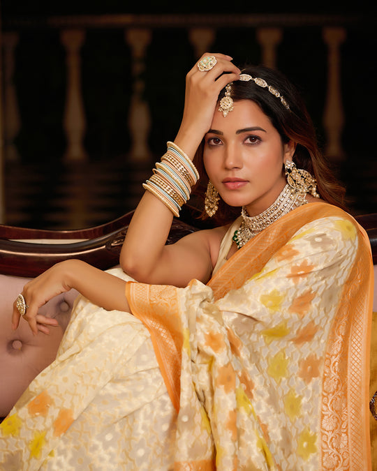 Ivory Pure Pure Khaddi Georgette Saree with Traditional Floral Brocade