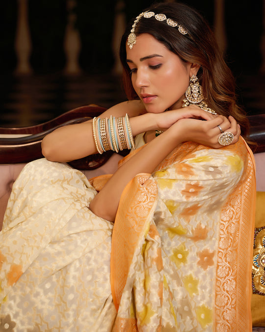 Ivory Pure Pure Khaddi Georgette Saree with Traditional Floral Brocade