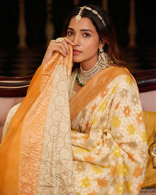 Ivory Pure Pure Khaddi Georgette Saree with Traditional Floral Brocade