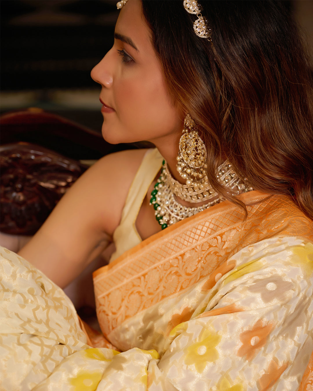 Ivory Pure Pure Khaddi Georgette Saree with Traditional Floral Brocade