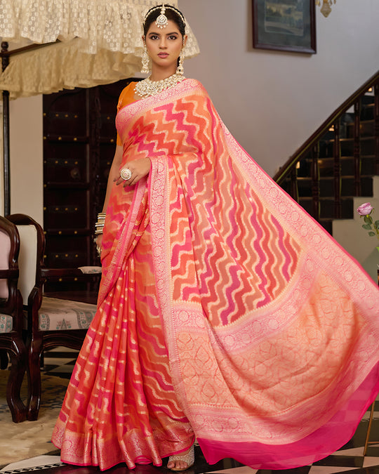 Sunset Flame Pure Chiffon Saree with Handwoven Rangkat Patterns