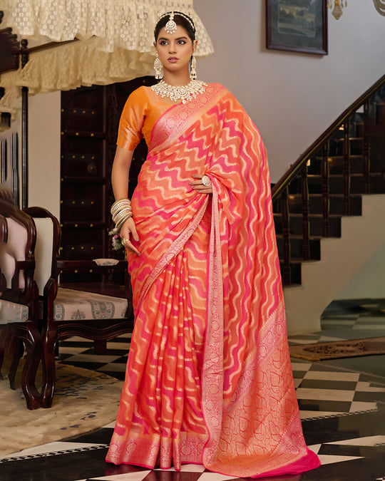 Sunset Flame Pure Chiffon Saree with Handwoven Rangkat Patterns