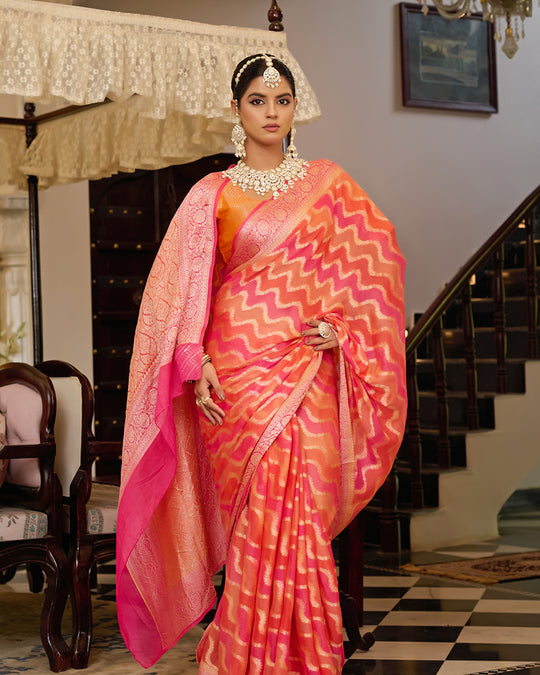 Sunset Flame Pure Chiffon Saree with Handwoven Rangkat Patterns