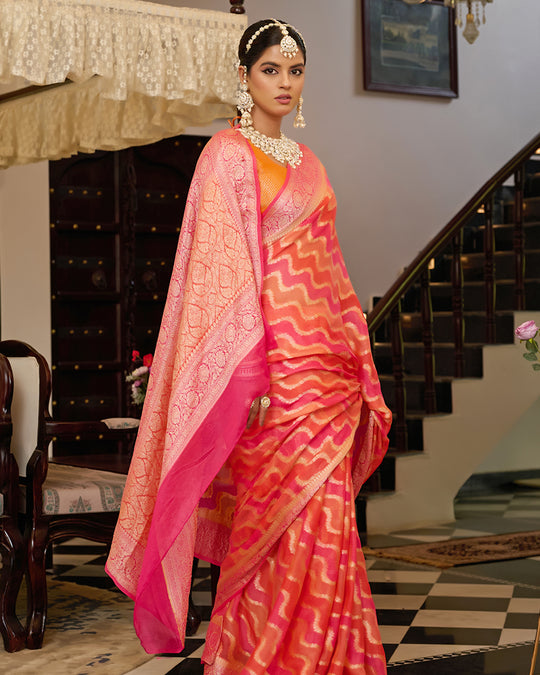 Sunset Flame Pure Chiffon Saree with Handwoven Rangkat Patterns