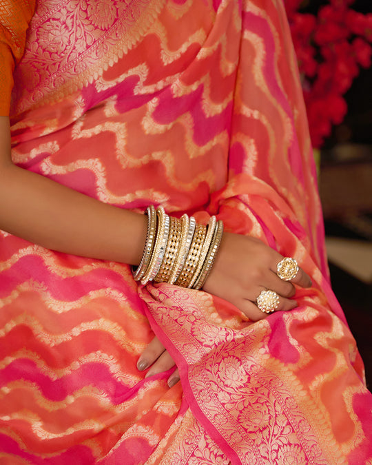 Sunset Flame Pure Chiffon Saree with Handwoven Rangkat Patterns