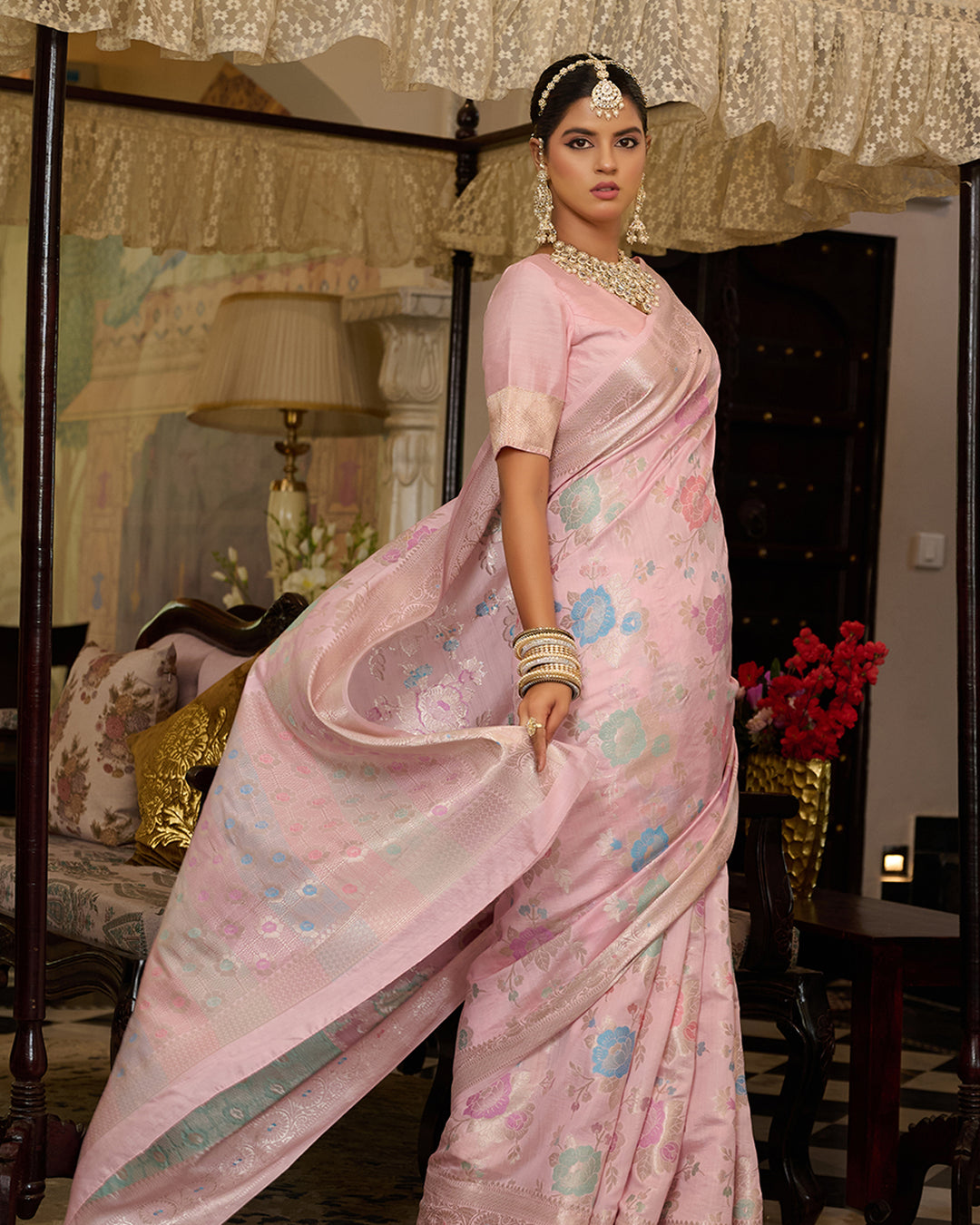 Light Pink Pure Banarasi Saree with Royal Floral Meenakari Motifs