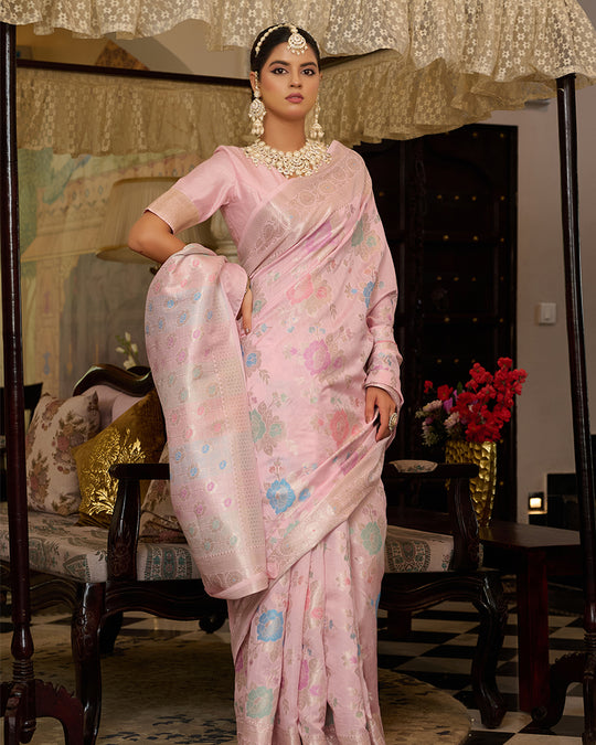 Light Pink Pure Banarasi Saree with Royal Floral Meenakari Motifs