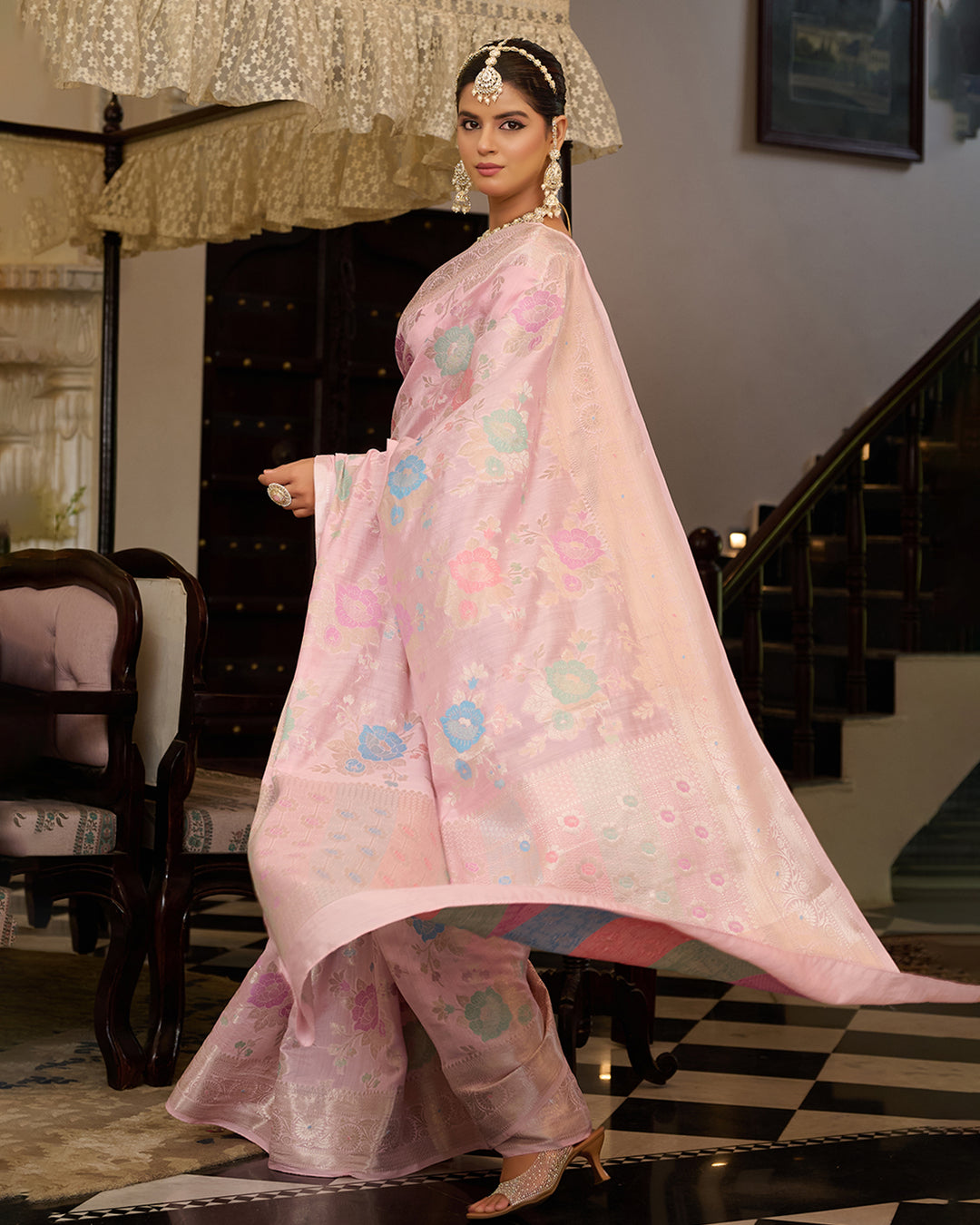 Light Pink Pure Banarasi Saree with Royal Floral Meenakari Motifs