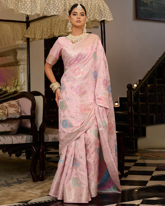 Light Pink Pure Banarasi Saree with Royal Floral Meenakari Motifs