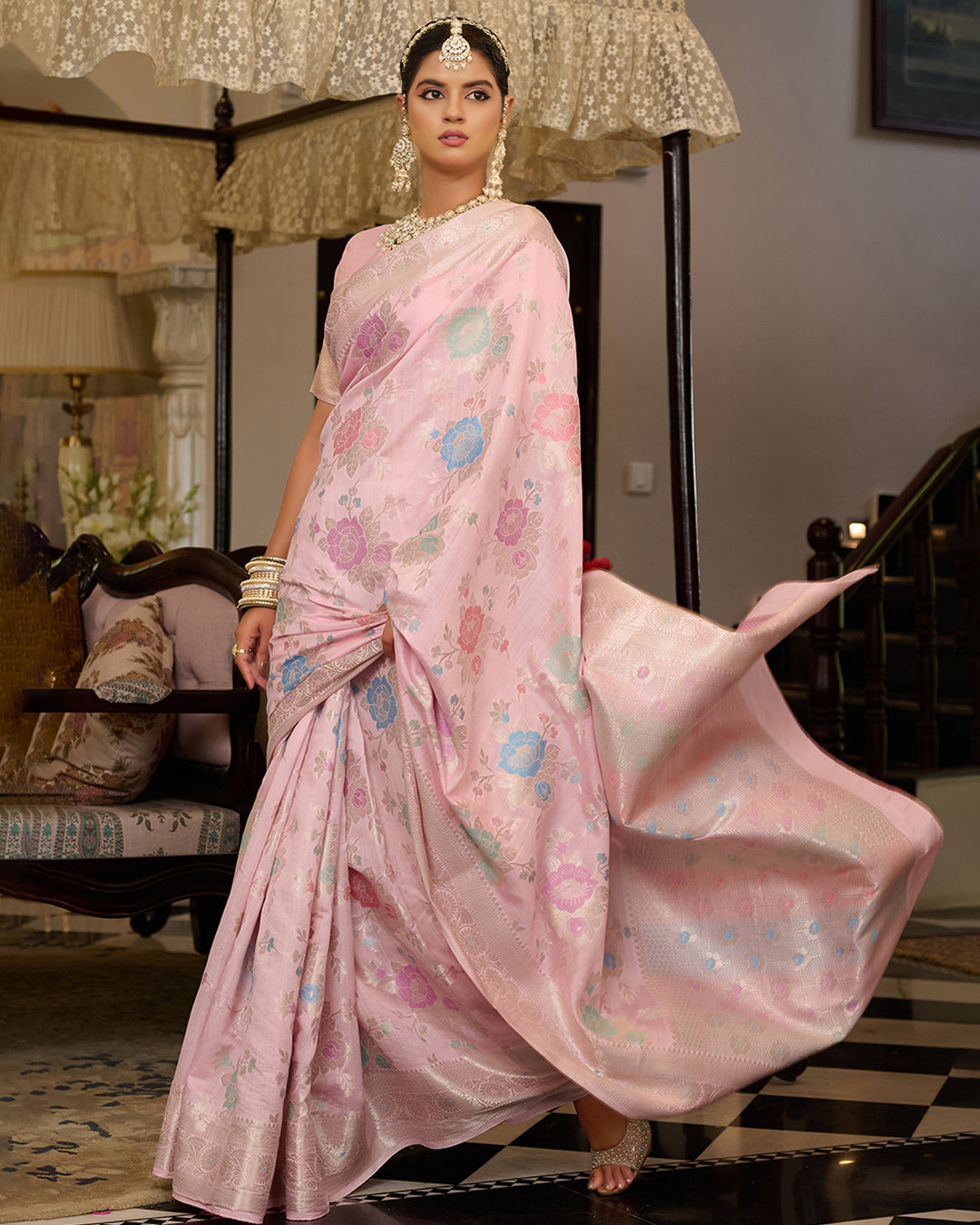 Light Pink Pure Banarasi Saree with Royal Floral Meenakari Motifs