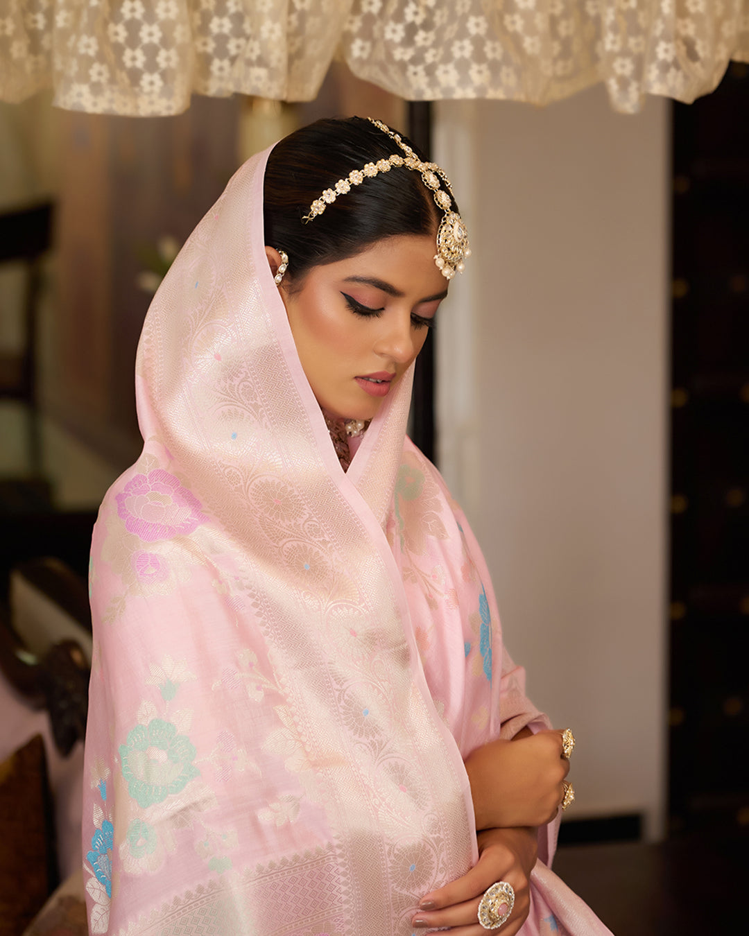 Light Pink Pure Banarasi Saree with Royal Floral Meenakari Motifs