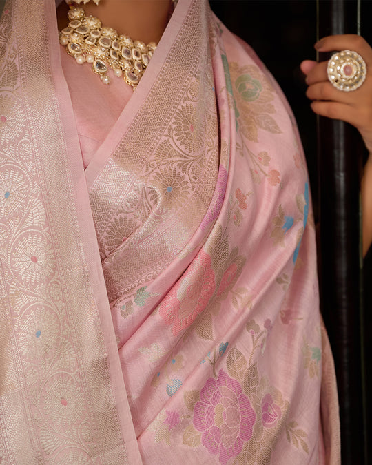 Light Pink Pure Banarasi Saree with Royal Floral Meenakari Motifs