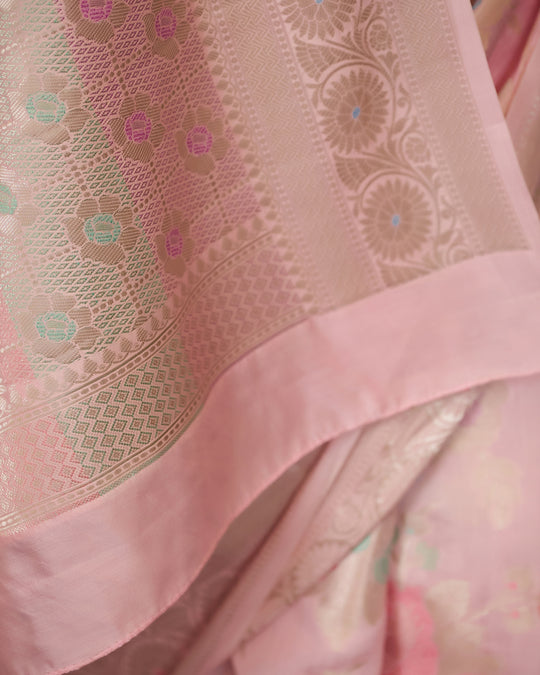Light Pink Pure Banarasi Saree with Royal Floral Meenakari Motifs