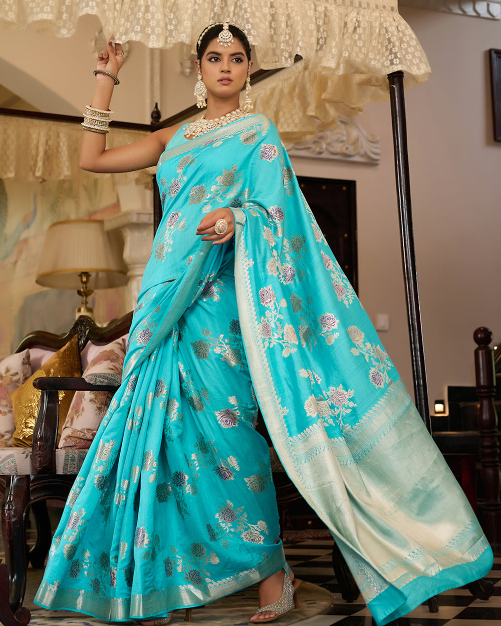 Sea Blue Pure Banarasi Saree with Elegant Floral Zari Craftsmanship