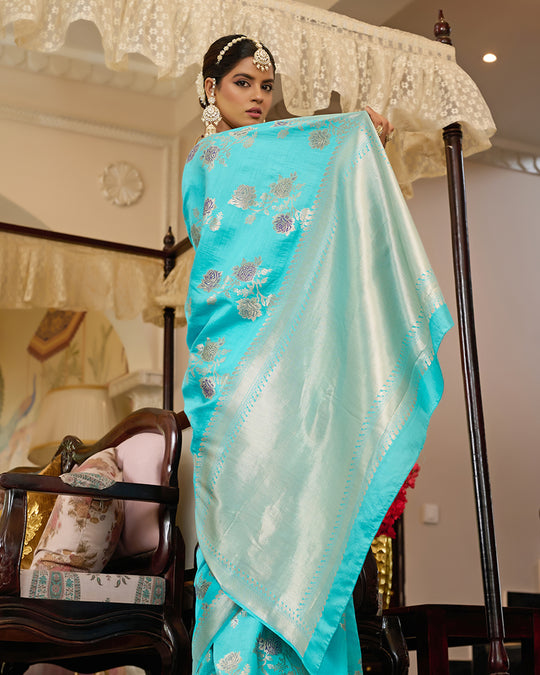 Sea Blue Pure Banarasi Saree with Elegant Floral Zari Craftsmanship