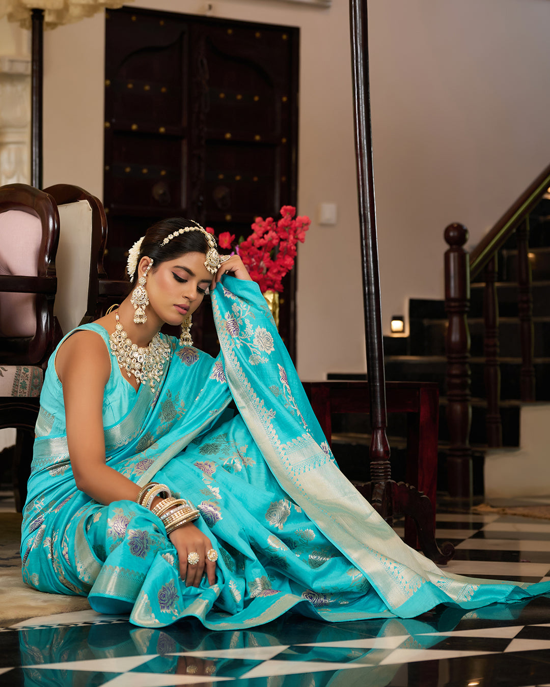 Sea Blue Pure Banarasi Saree with Elegant Floral Zari Craftsmanship