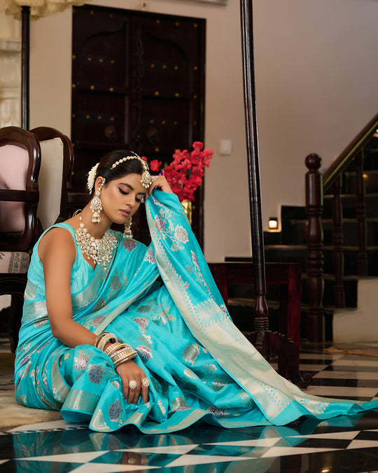 Sea Blue Pure Banarasi Saree with Elegant Floral Zari Craftsmanship