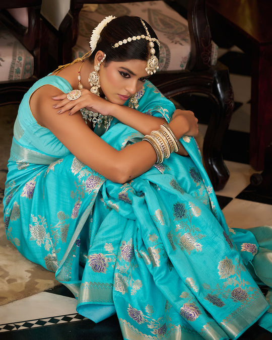 Sea Blue Pure Banarasi Saree with Elegant Floral Zari Craftsmanship
