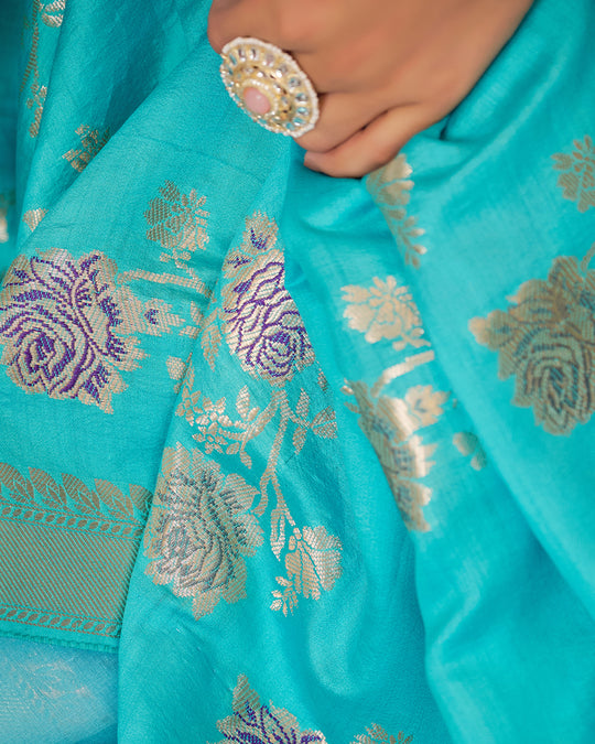 Sea Blue Pure Banarasi Saree with Elegant Floral Zari Craftsmanship
