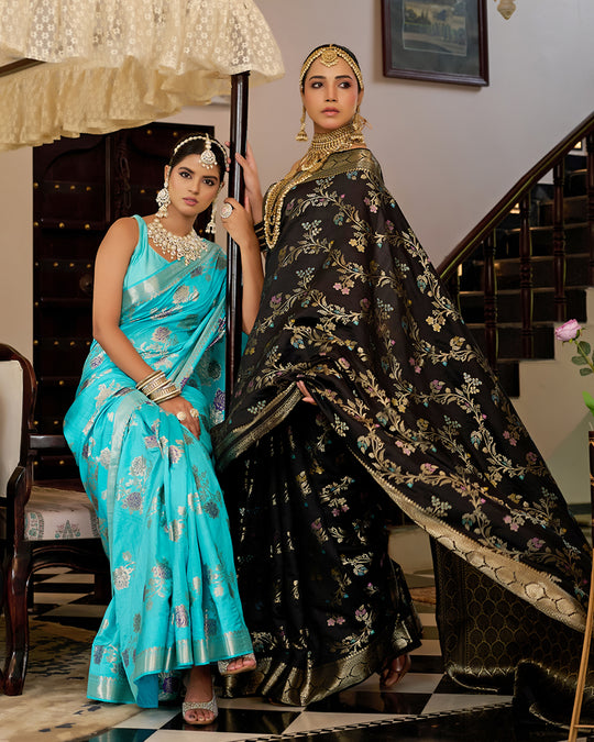 Black Pure Banarasi Saree with Multi Floral Butta & Jaal Weaving