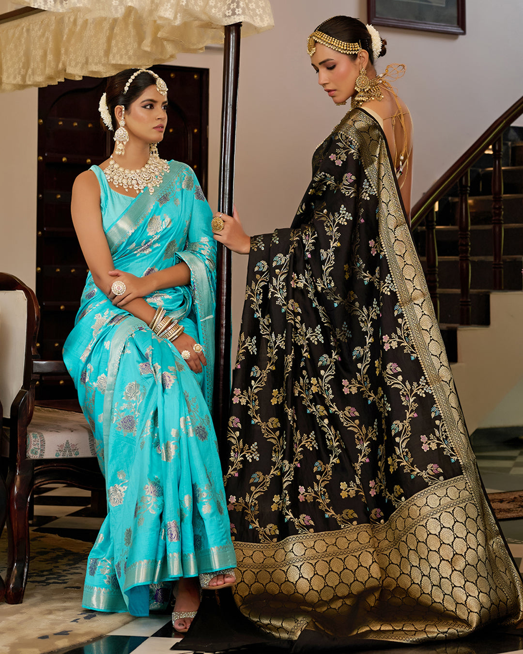 Black Pure Banarasi Saree with Multi Floral Butta & Jaal Weaving