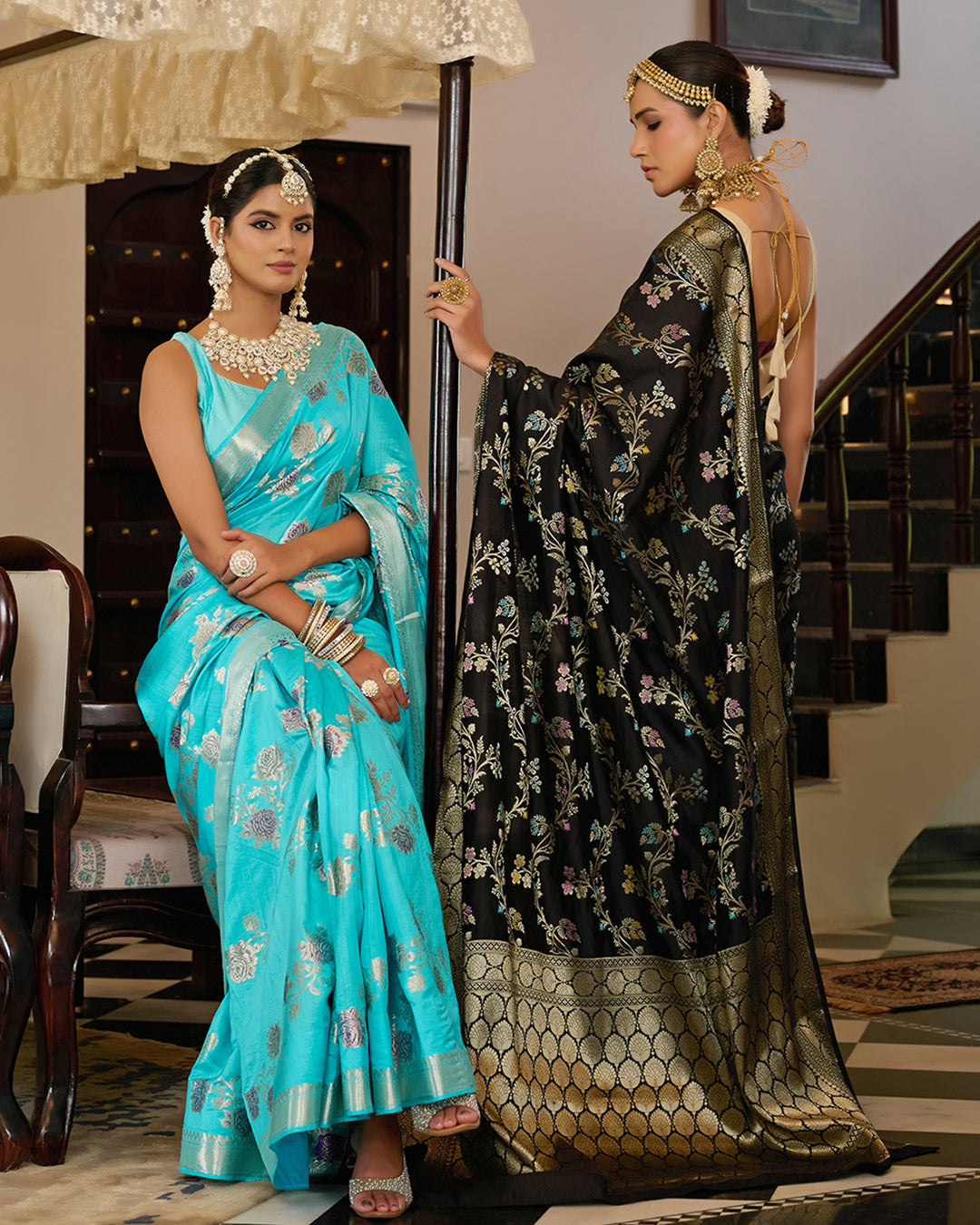Black Pure Banarasi Saree with Multi Floral Butta & Jaal Weaving