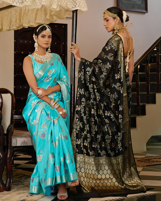 Black Pure Banarasi Saree with Multi Floral Butta & Jaal Weaving