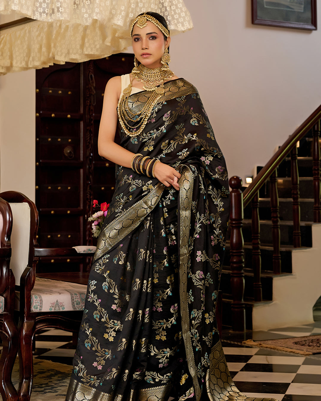 Black Pure Banarasi Saree with Multi Floral Butta & Jaal Weaving