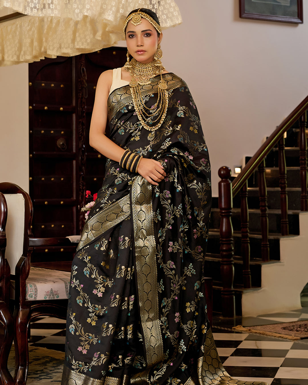 Black Pure Banarasi Saree with Multi Floral Butta & Jaal Weaving