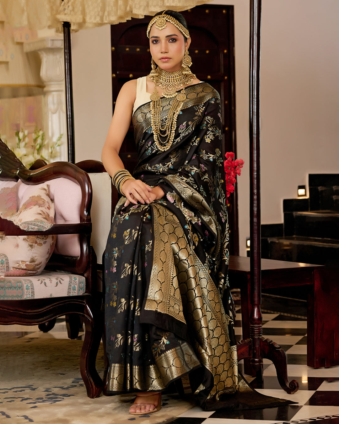 Black Pure Banarasi Saree with Multi Floral Butta & Jaal Weaving