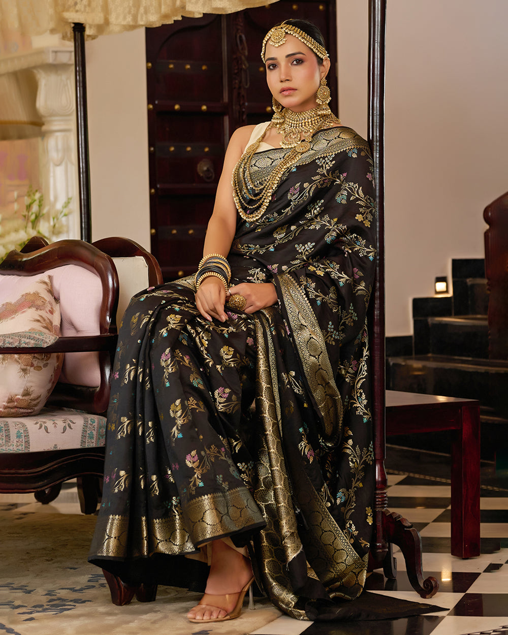 Black Pure Banarasi Saree with Multi Floral Butta & Jaal Weaving