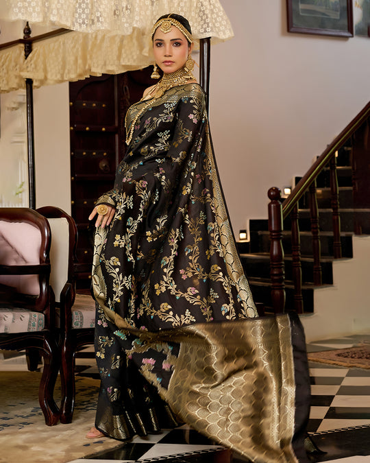 Black Pure Banarasi Saree with Multi Floral Butta & Jaal Weaving