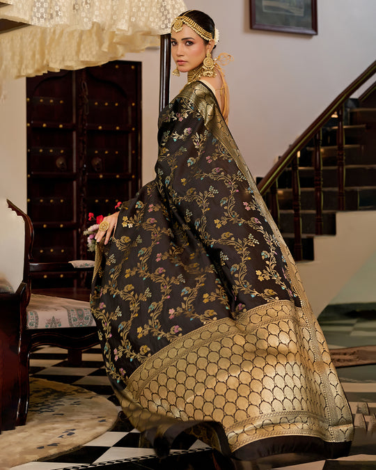 Black Pure Banarasi Saree with Multi Floral Butta & Jaal Weaving
