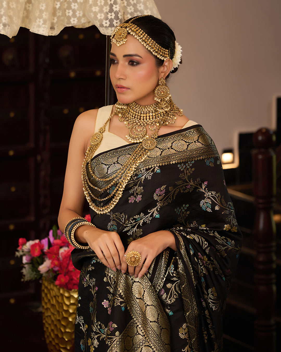 Black Pure Banarasi Saree with Multi Floral Butta & Jaal Weaving