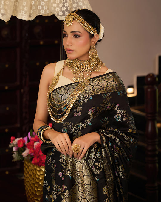 Black Pure Banarasi Saree with Multi Floral Butta & Jaal Weaving