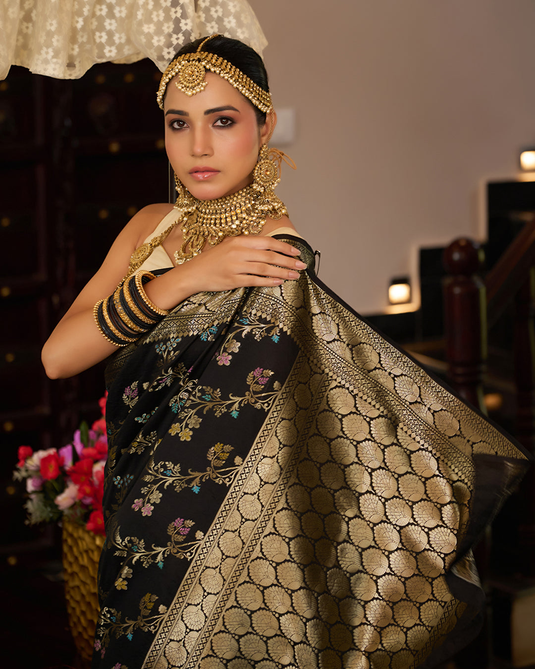 Black Pure Banarasi Saree with Multi Floral Butta & Jaal Weaving